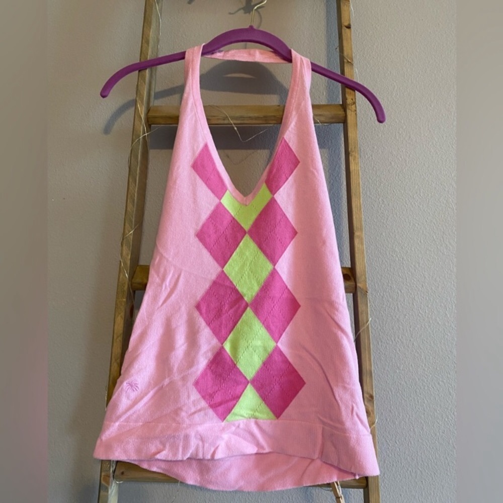 Lilly Pulitzer Pink and Green Knit Argyle Print Halter Top. Size XS.